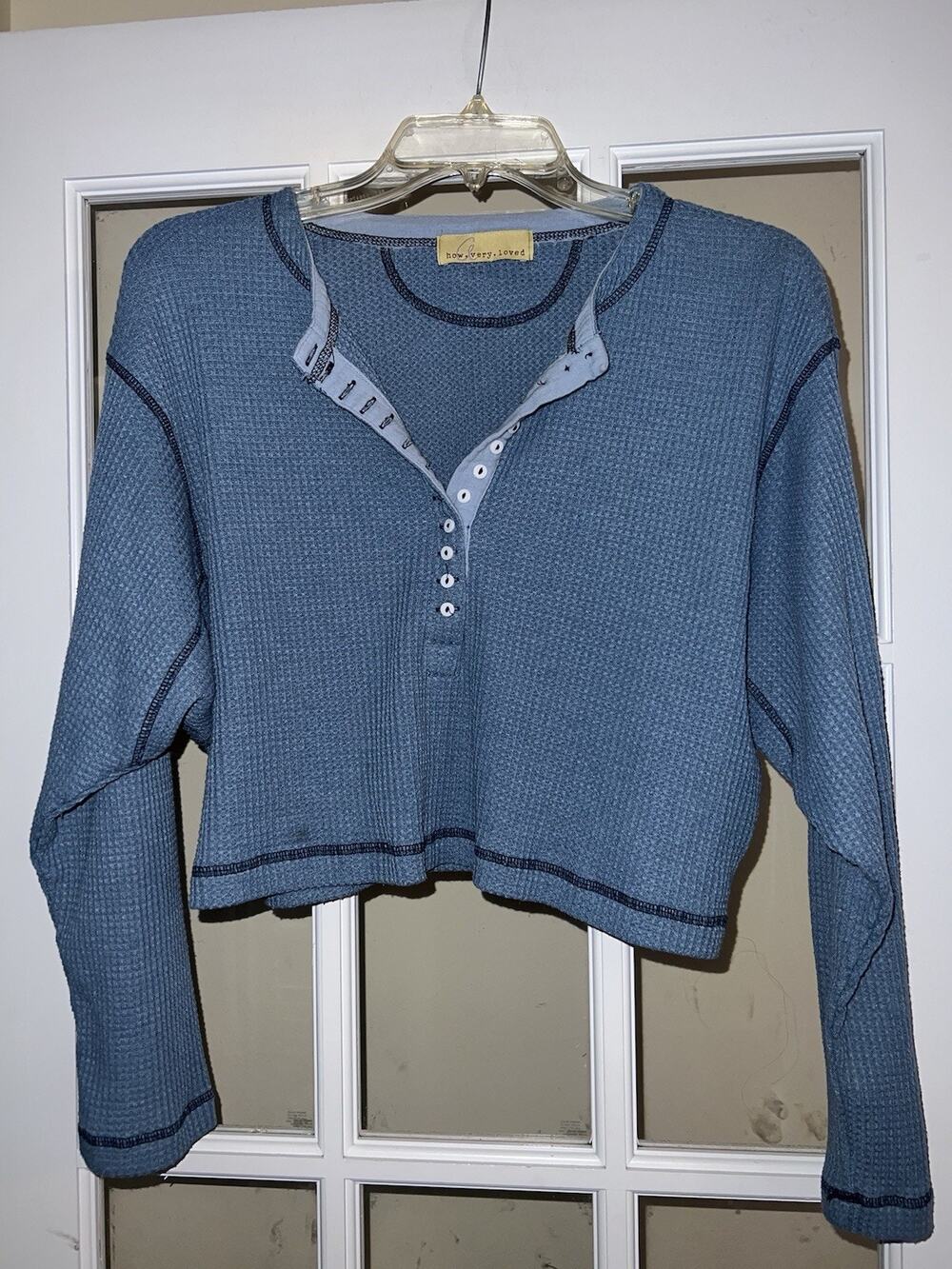 How Very Loved Blue Waffle Knit Y2K Henley Btton Top SZ Small Oversized Fit Boho